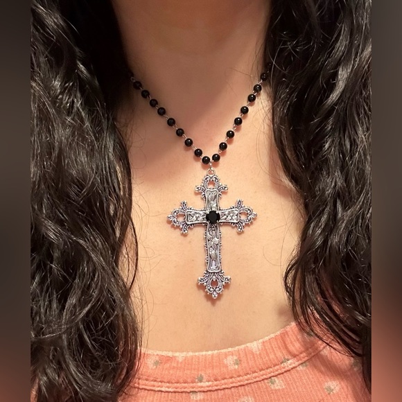 Statement Cross Necklace Floral Design Cross Goth Large Black Crystal Unisex New - Picture 1 of 11